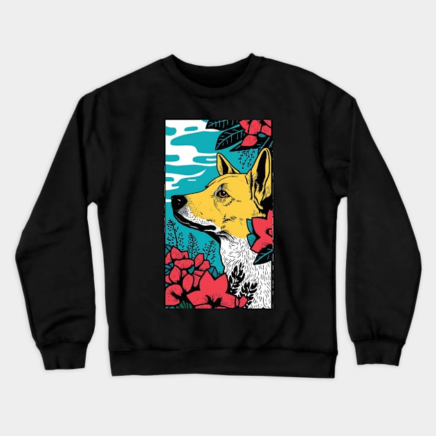 Jindo Dog Vibrant Tropical Flower Tall Retro Vintage Digital Pop Art Portrait 2 Crewneck Sweatshirt by ArtHouseFlunky